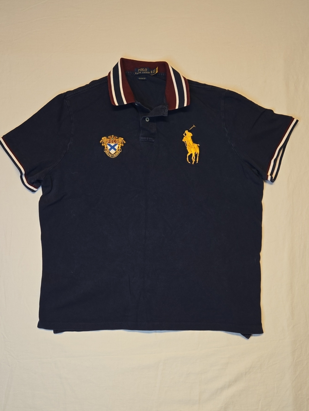 Polo Ralph Lauren Navy Polo with Gold Big Pony and Striped Collar Vintage Y2K